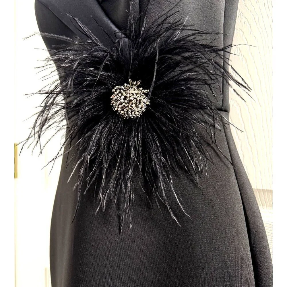 Eliza J Black Formal Gown Size 4 Feather Beading Elegant Black Tie Collar Party